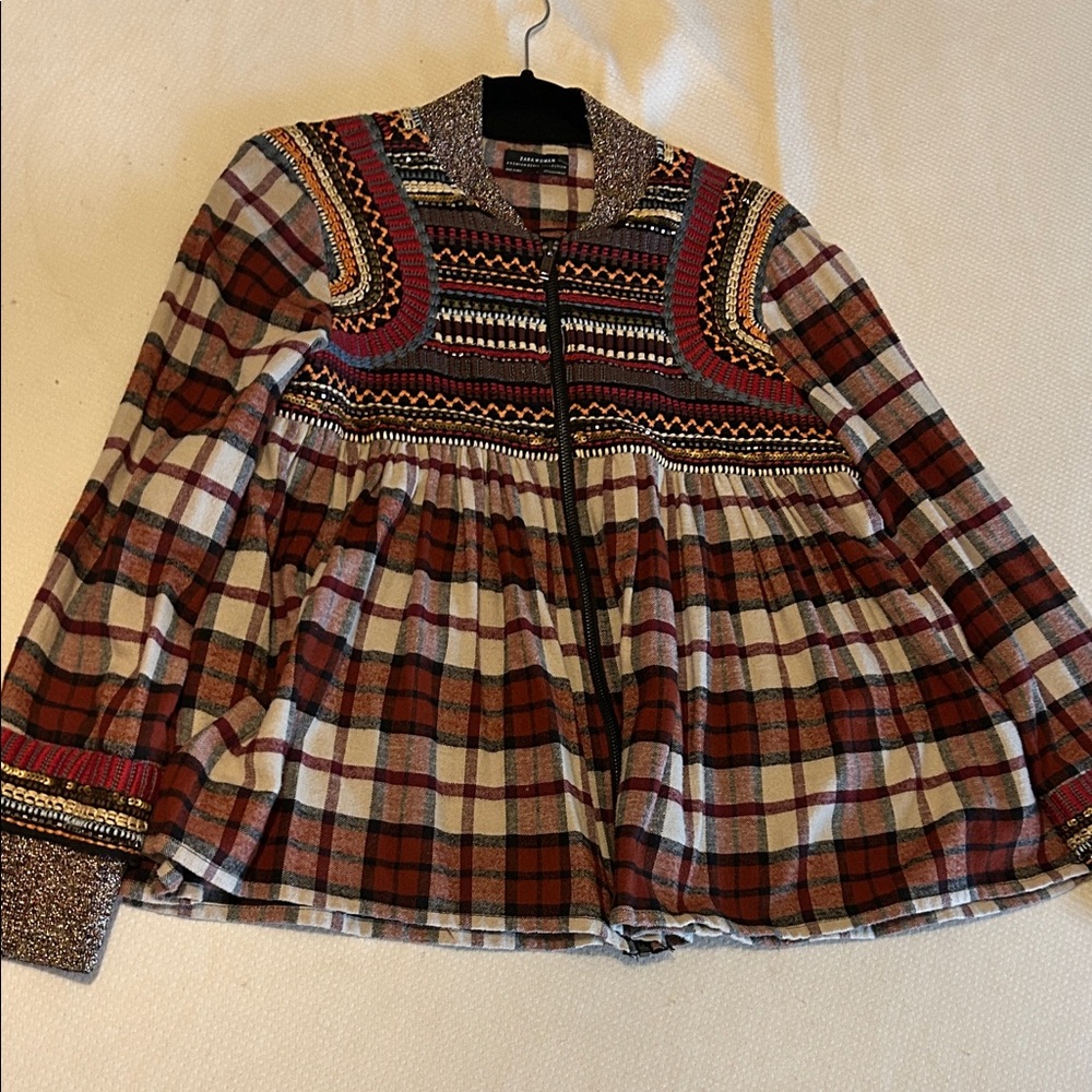 Zara Multicolor Plaid Jacket with Embroidery